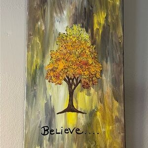 Abstract Tree Painting with Yellow and Brown Tones